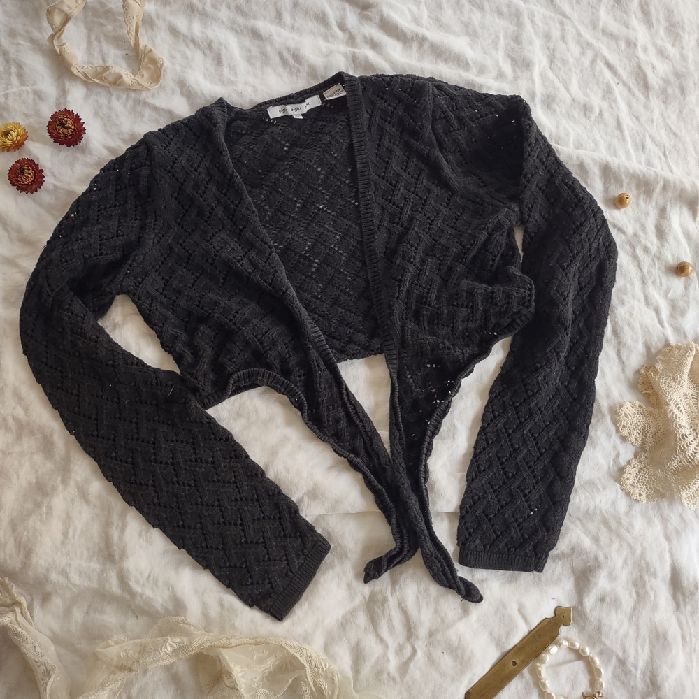 90s/Y2K Tie-Front Cardigan, Black Cotton, M